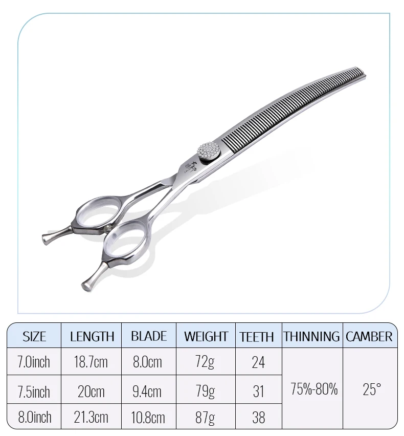 Fenice Pflegeschere, Diamantschraube, 7/7,5/8 Zoll, professionelle gebogene Chunker-Schere, dünnere Schere für Haustier-Kosmetikerin-Werkzeuge – Detail 5