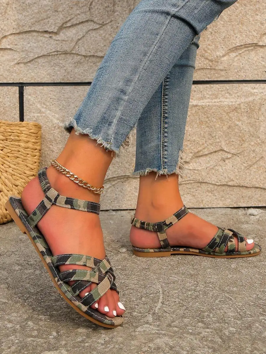 

Camouflage Print Cross Strap Flat Sandals For Women Casual Summer Shoes