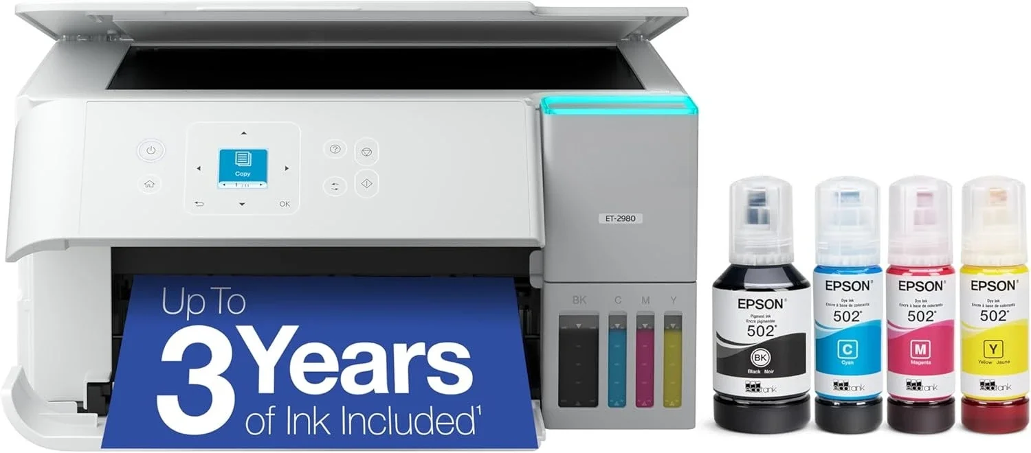 

ET-2980 Wireless All-in-One Color Supertank Printer with up to 3 Years of Ink, Refillable Tanks, Perfect for Home, 15 PPM, 1.44"
