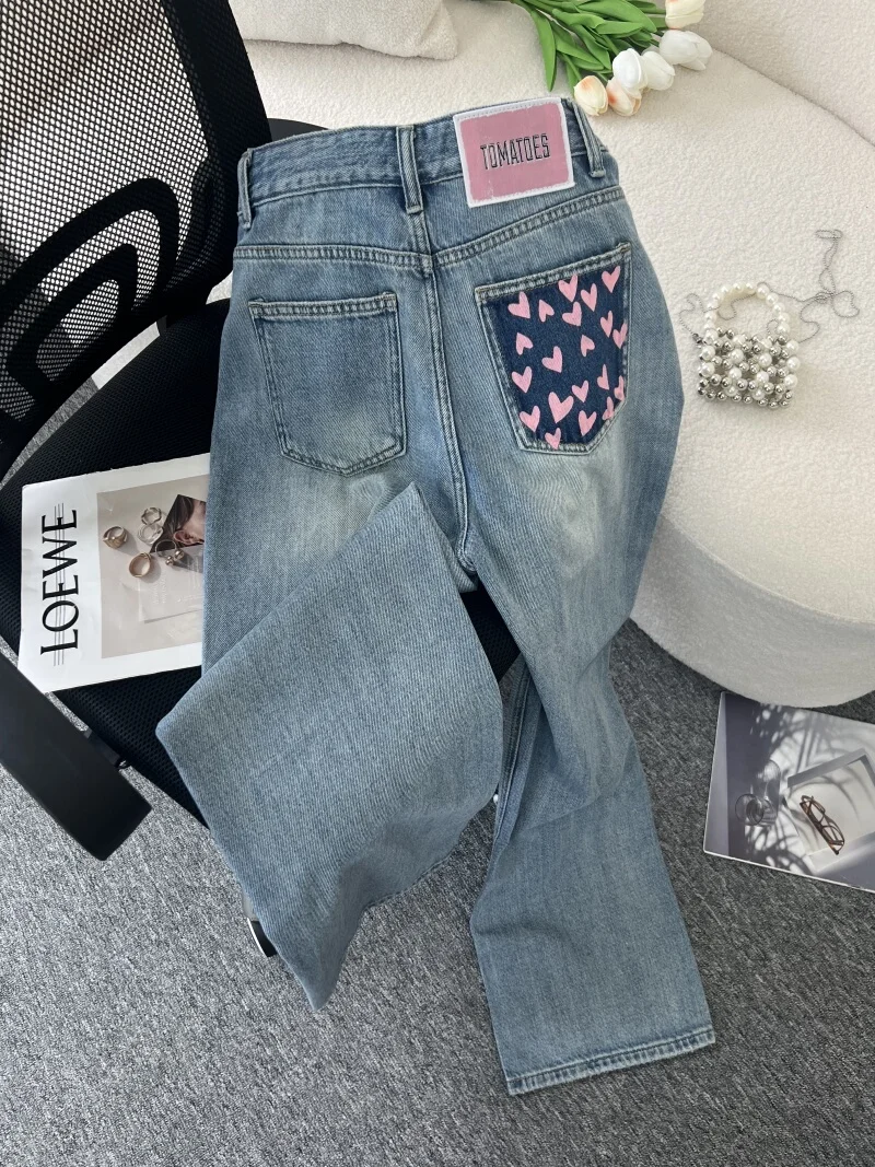 

Heart Pocket Straight Leg Jeans for Women Spring High Waist Loose Casual Long Wide Leg Pants Design Sense Women's Clothing