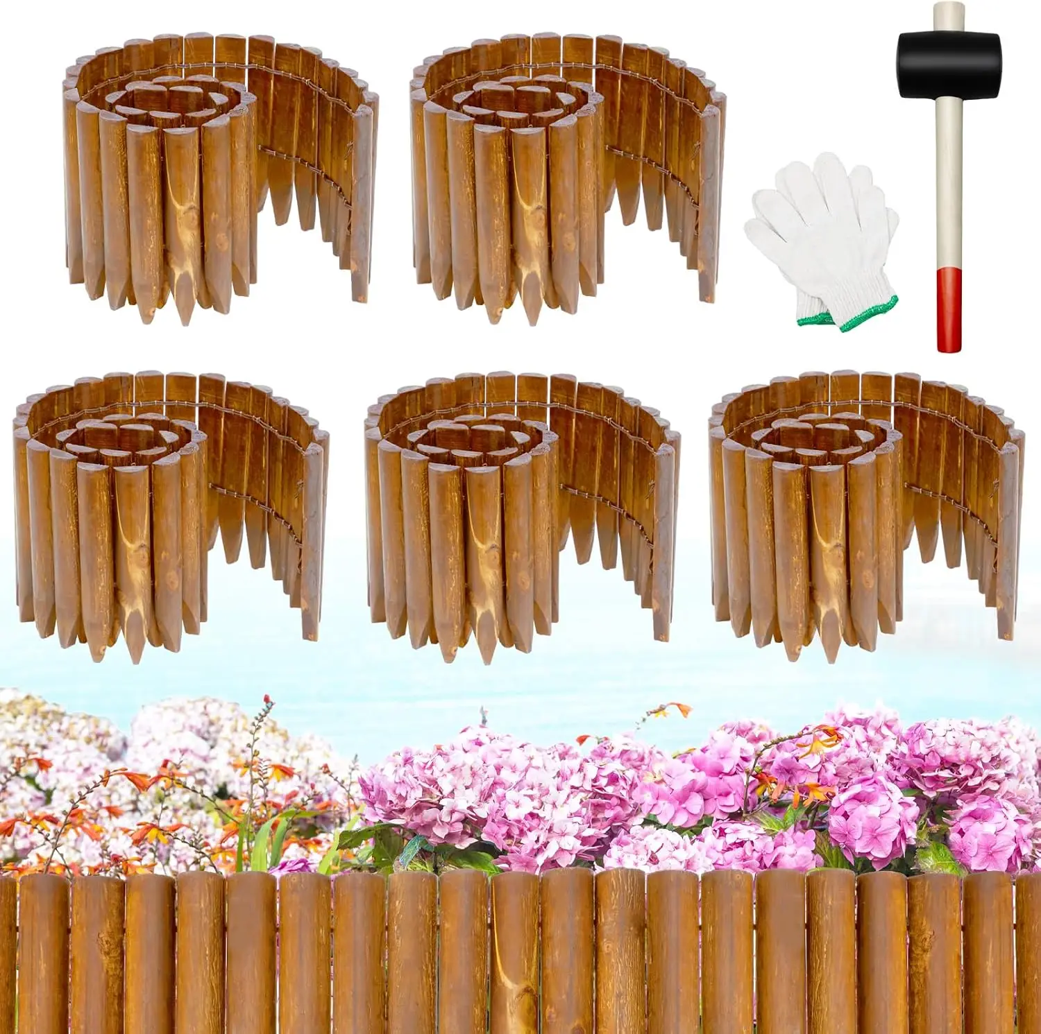 Garden Edging Border Wood Log Landscape Fence Set Of Five With Gloves Hammer Tree Lawn Flower Bed Barriers