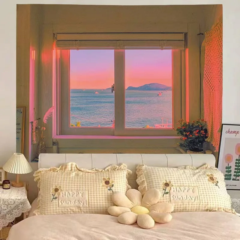 VIKAMA Mountain Flower Window Landscape Tapestry Wall Hanging Landscape Background Cloth Bedroom Living Room Wall Decoration