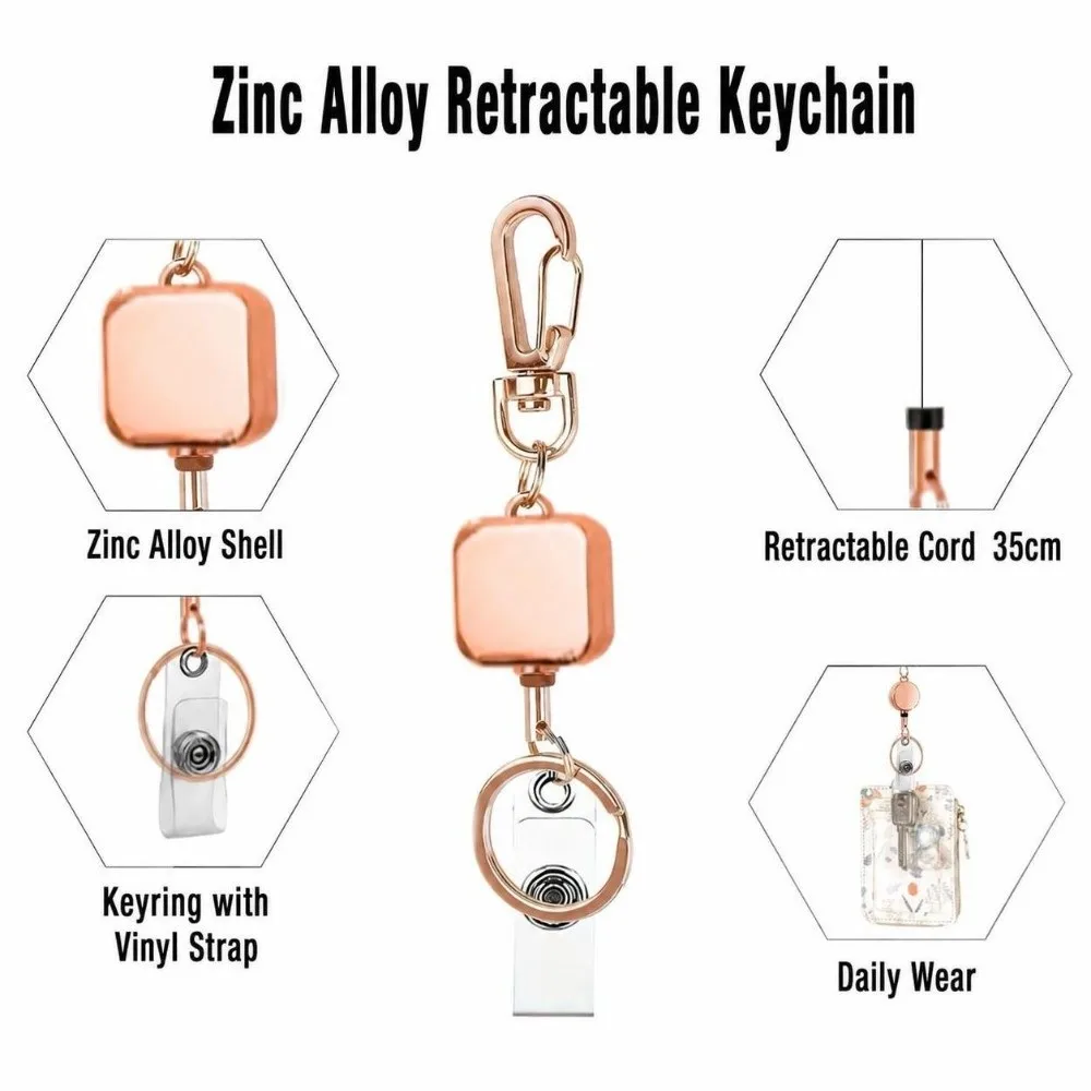 Zinc Alloy Retractable Badge Reel Retractable Anti-Loss ID Card Holder Clip Heavy Duty with Carabiner Key Ring Lanyard Pull Reel