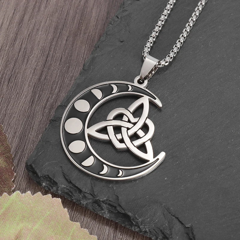 Stainless Steel Celtic Knot Moon Irish Knot Symbol Pendant Necklace Men Women Fashion Amulet Jewelry Gift