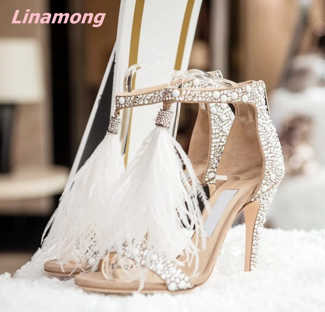 2024 Summer Pearl Women Sandals Cover Thin High Heel Sexy Genuine Leather Sweet Zipper Open Toe Comfortable Party Wedding  Shoes