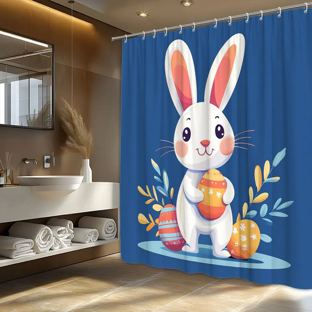

Cheerful Bunny Shower Curtain - Striped Easter Eggs & Snowflakes, Vibrant Colors, Polyester, Perfect for Spring