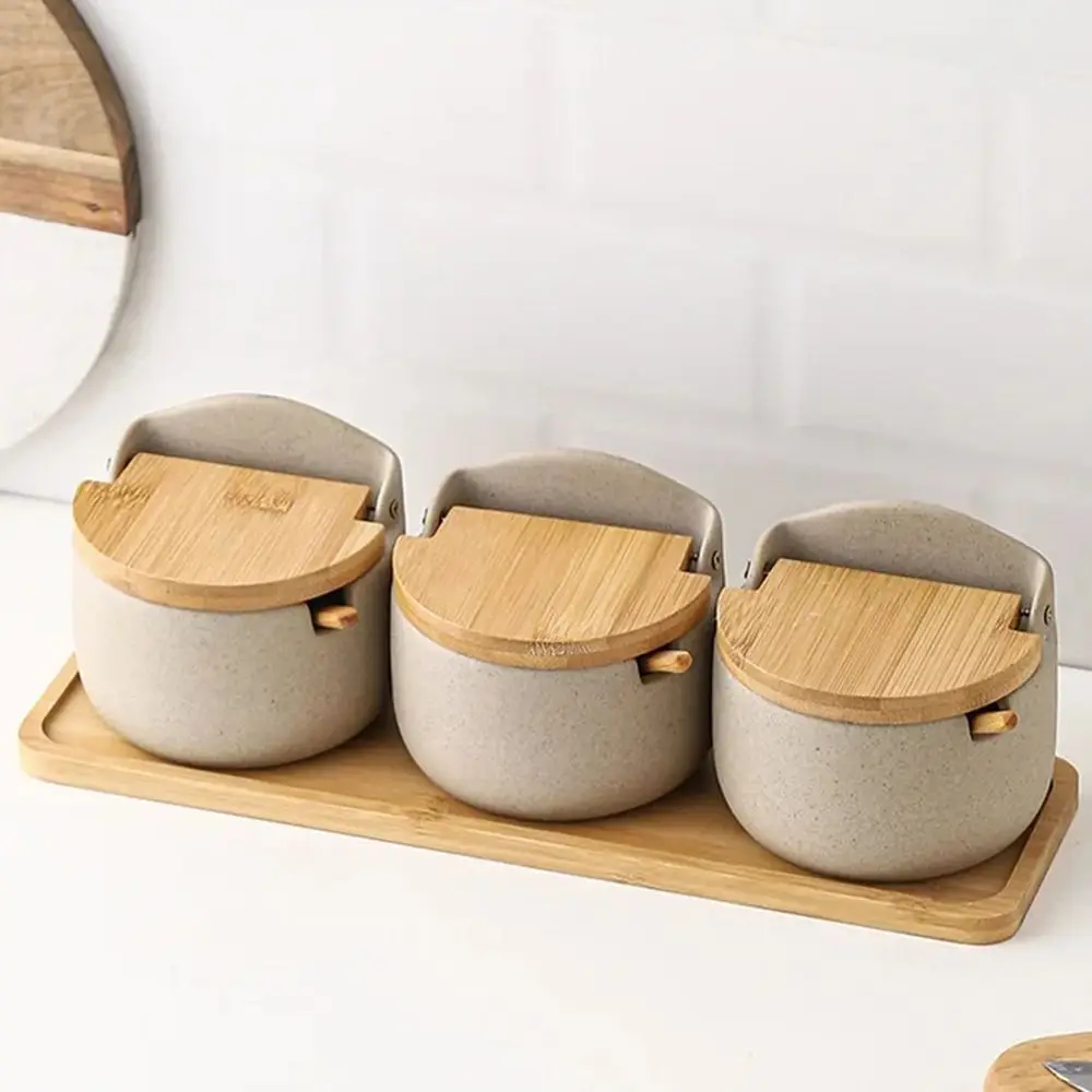 Ensemble de pots d'assaisonnement en céramique avec couvercle en bambou, cuillère de service, boîte de rangement pour épices en bois, pot à épices de cuisine anti-brûlure et étanche à l'humidité