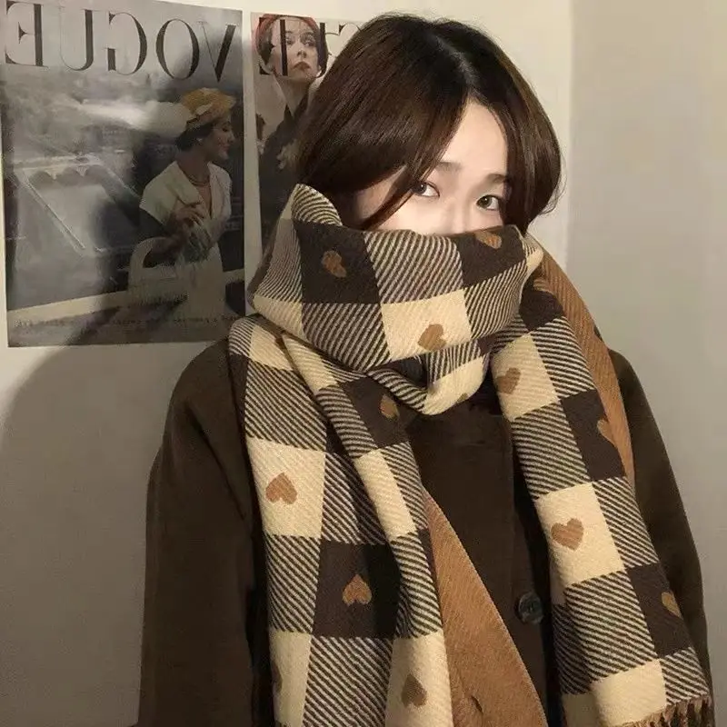 Autumn Winter Scarf Women Lovely Heart Retro Outdoor Warm Plaid Chic Student Comfortable Casual Cozy Elegant All-match Accessory