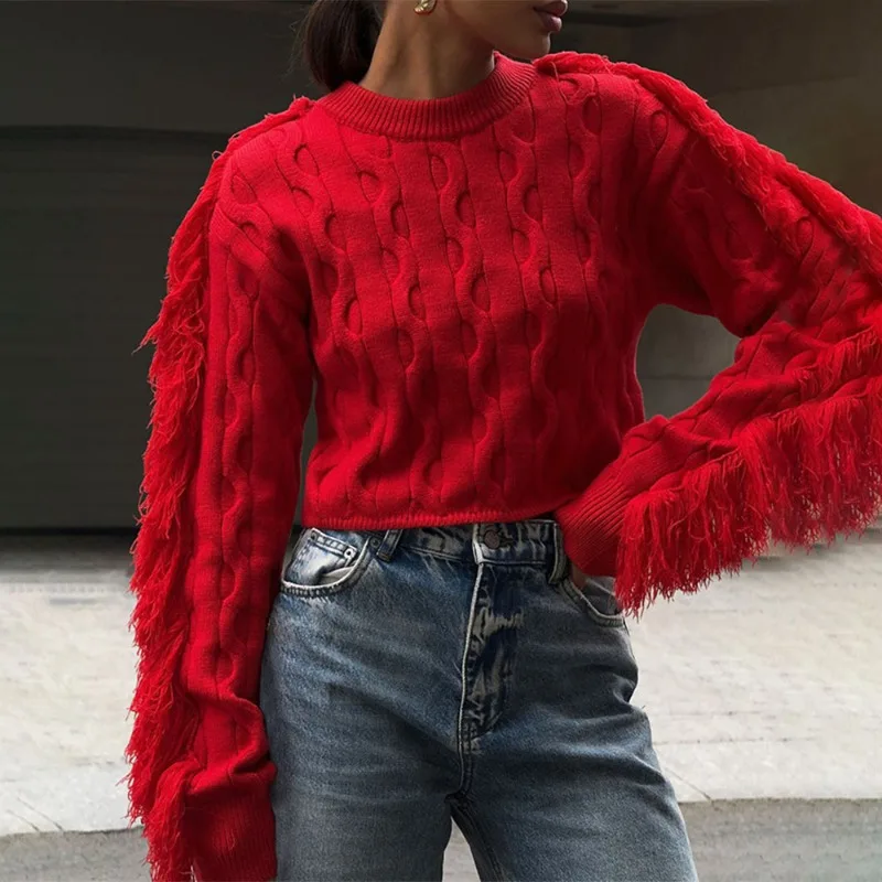 Talenza Knitted O-Neck Sweater Women's Autumn Winter Fashion Tassel Long Sleeve Short Solid Slim Top Casual Streetwear Pullover