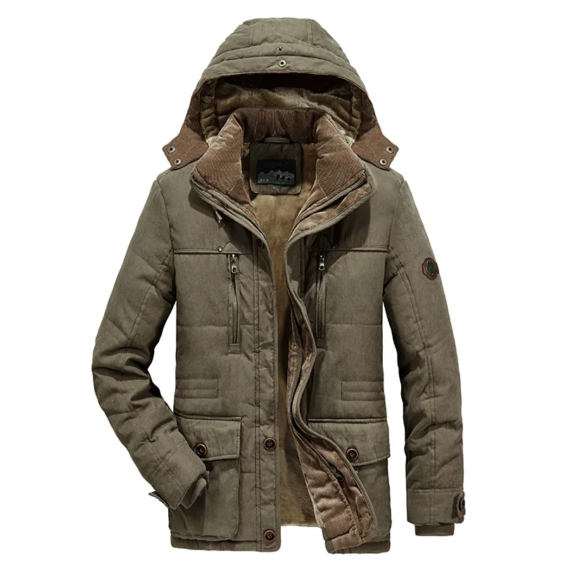 

Men New Windproof Hooded Thick Fleece Warm Parka 2023 Winter Fashion Brand Coat Classic Casual Parka Jacket Men Size 6XL