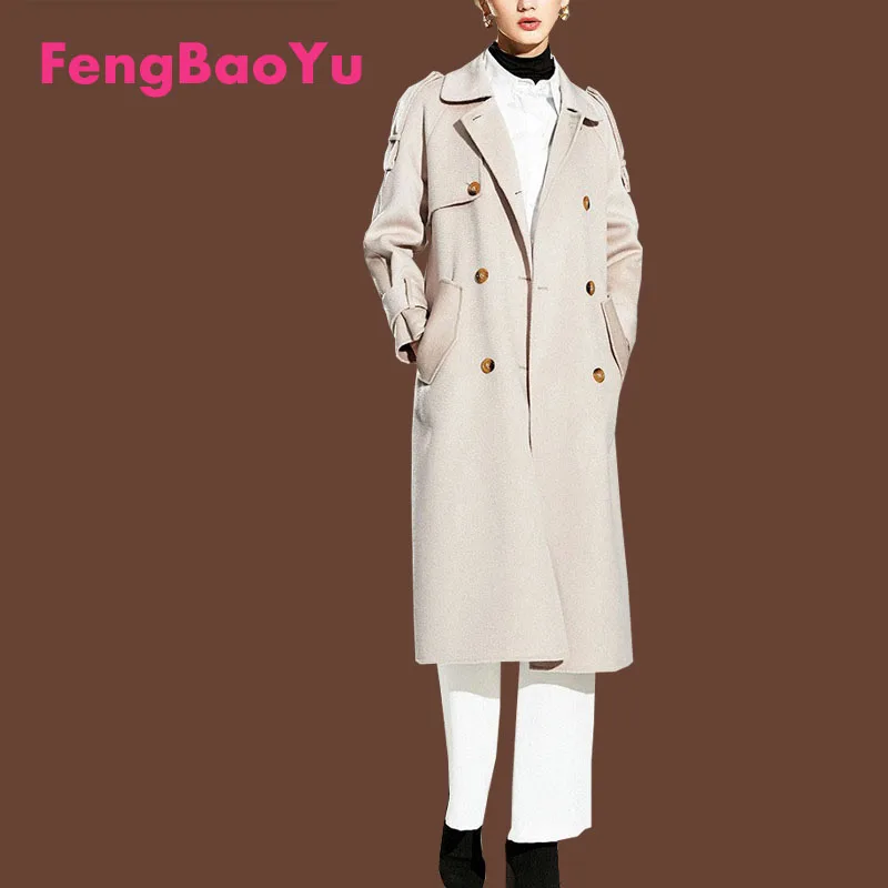 

Fengbaoyu Double-sided Cashmere Coat New Camel Color Water Ripple European and American High-end Long Autumn Winter Wool Coat