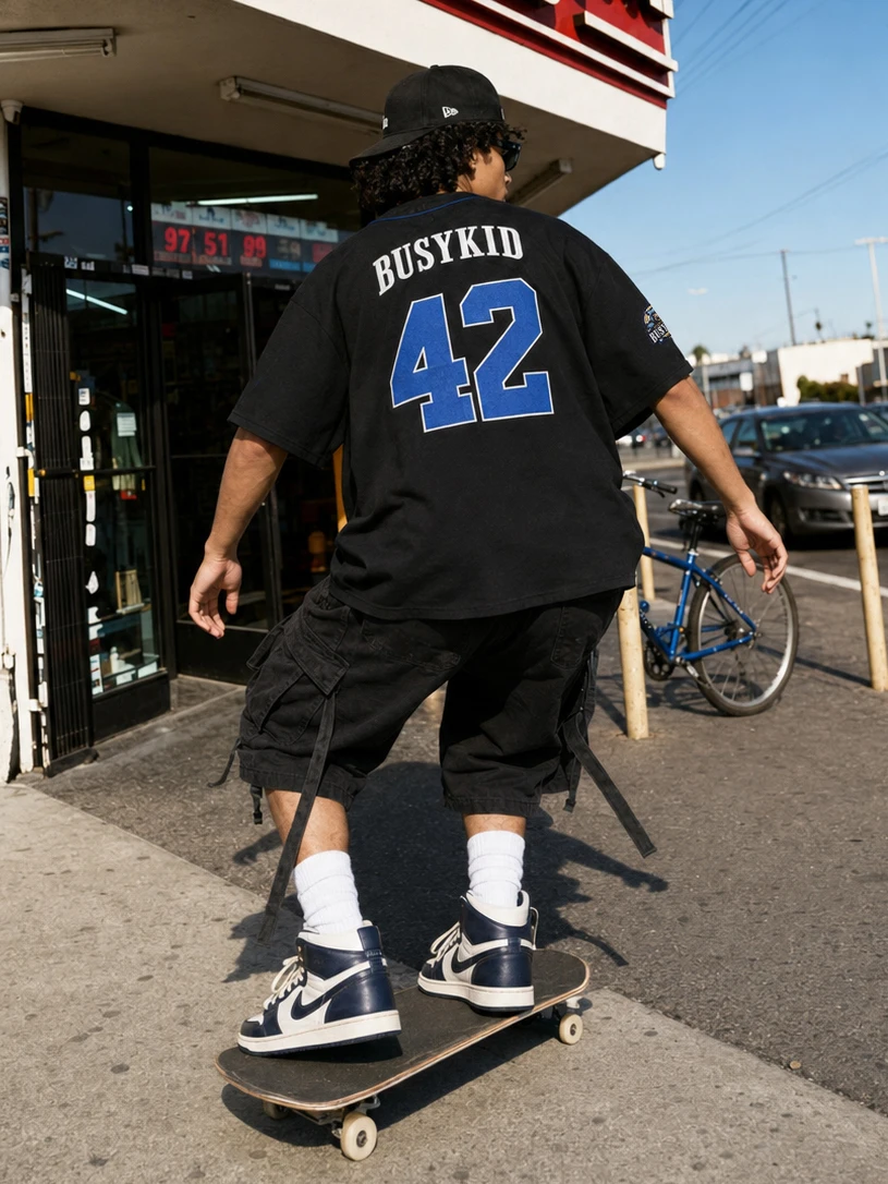 Busykid American Style Short Sleeve Hip Hop Original Trendy Brand West Coast Embroidery Baseball Jersey Street Dance T Shirt
