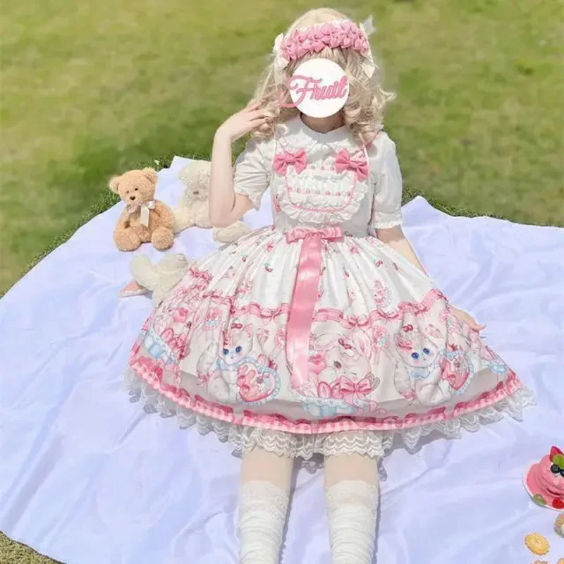 Coslan japonés dulce Lolita OP vestido de verano para niñas lindo lazo de encaje fresa conejito vestidos de fiesta de té mujeres Harajuku Kawaii Chic V