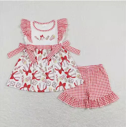

Summer baby rompers kids clothes girl bow baseball flying sleeve shorts sets Boutique baby girl clothes sets