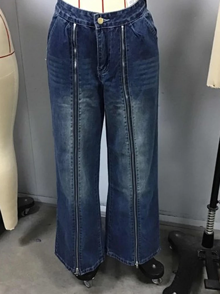 High Waist Zipper Wide Leg Jeans Straight Leg Loose Denim Pants, Washed Casual Streetwear Palazzo Trousers Pockets for Women