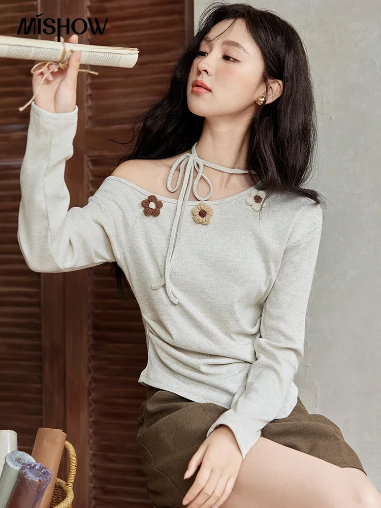 MISHOW Irregular Long Sleeve T-shirt Slanted Shoulder Top 2024 Autumn Lace-up Solid Tees Flower Decoration Bottom Top MXD46T0402