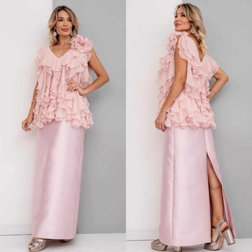

Customized Intricate Exquisite Pleat Draped Handmade Flower Straight V-neck Midi Dresses Bespoke Occasion Dresses High Quality