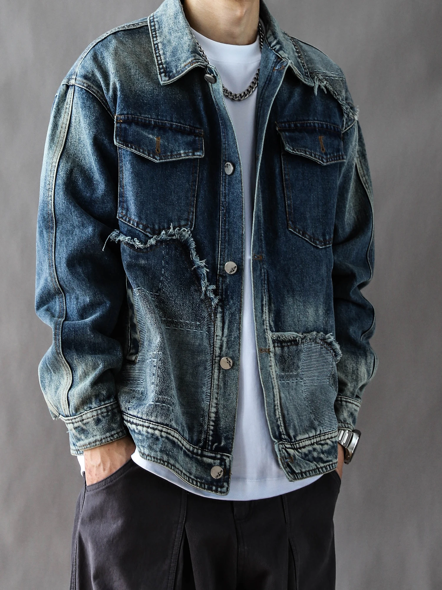 

Loose Casual Blue Denim Workwear Jaet Men's Spring Autumn High Street Sle Cotton Polyester Blend Long Sve Coat