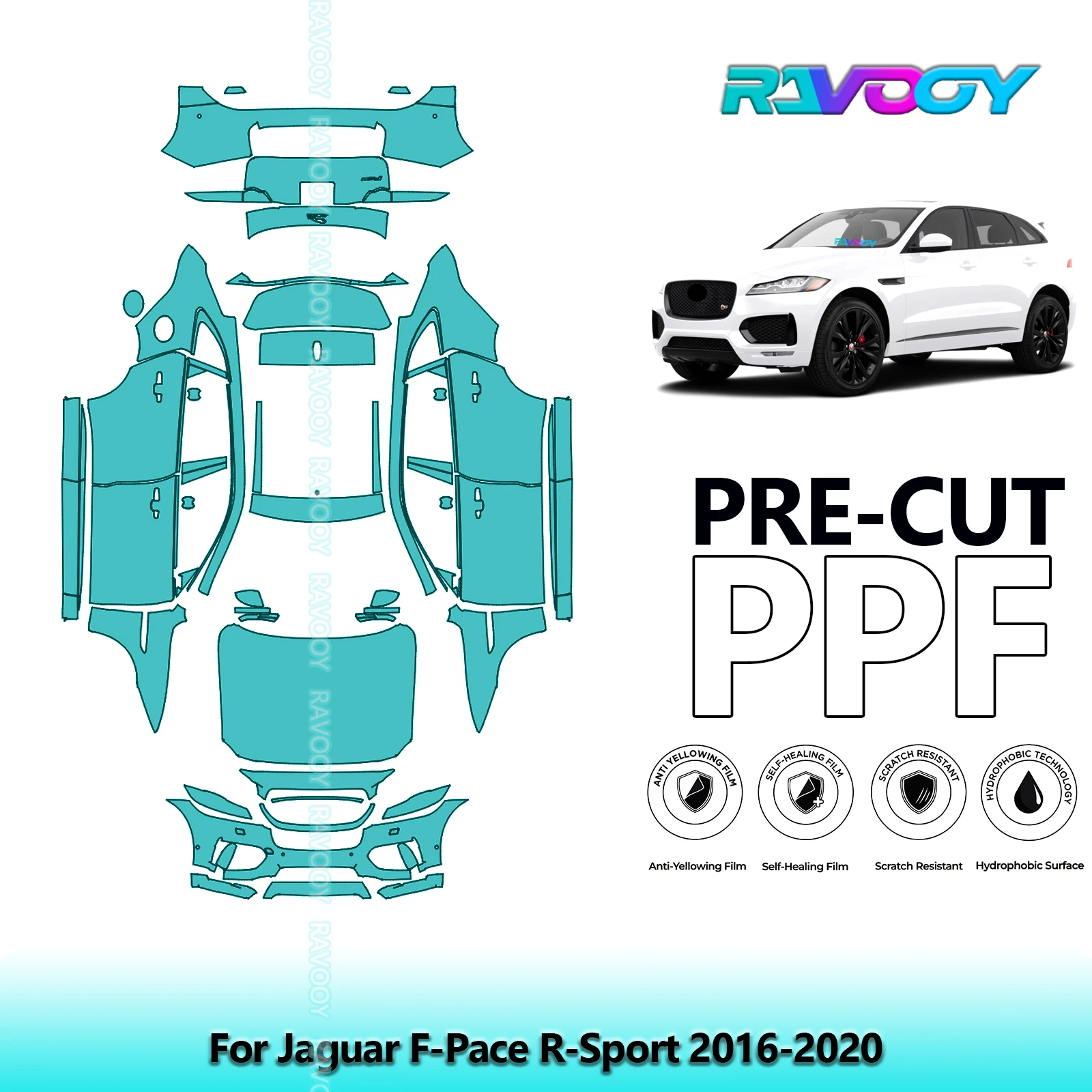 RAVOOY 8.5Mil Custom-Fit Precut TPU PPF Full Vehicle Clear Bra Stone Guard EU UK For Jaguar F-Pace R-Sport 2016-2020