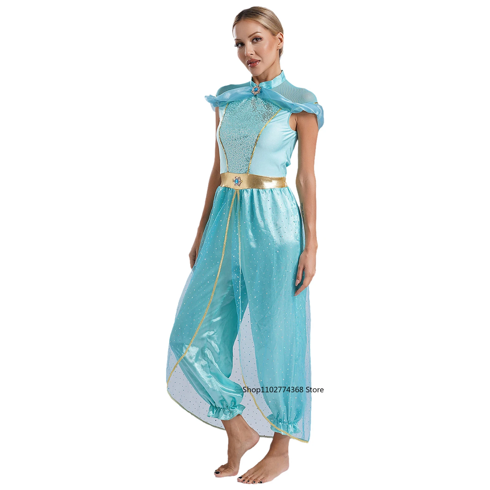 Womens Halloween Arabian Princess Costume Gems Sequin Tulle Rompers Belly Dance Jumpsuit for Carnival Aladin Theme Party Cosplay