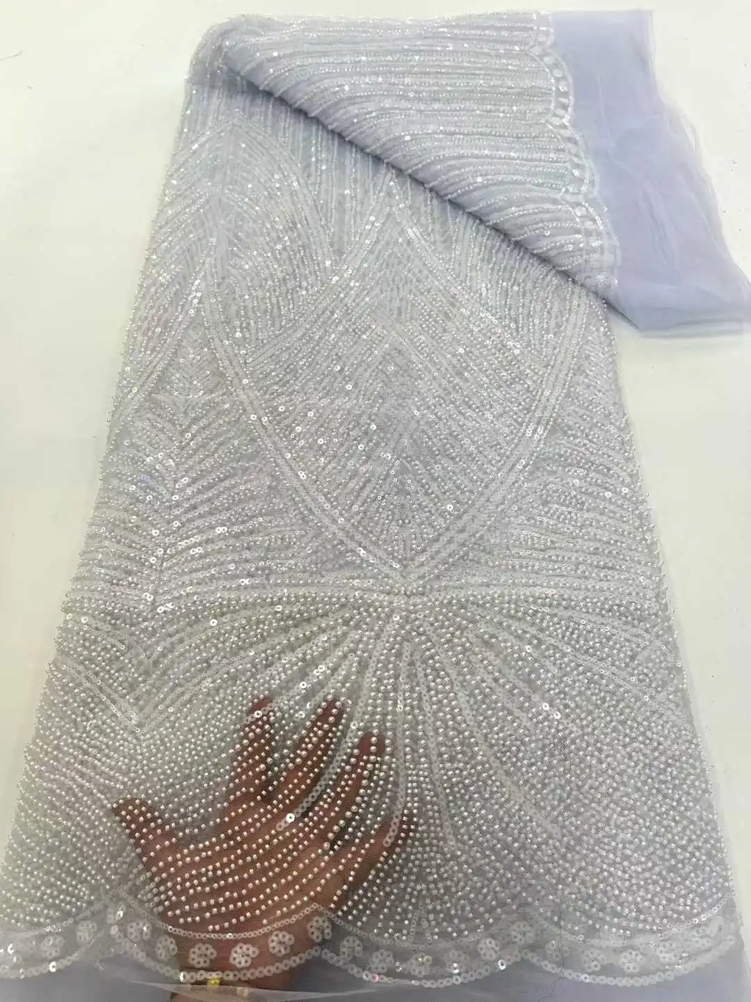 

African Heavy Beaded Lace Fabric 2024 High Quality Nigerian Sequin Pearl Lace French Tulle Fabric For Wedding Party Dress Sewing