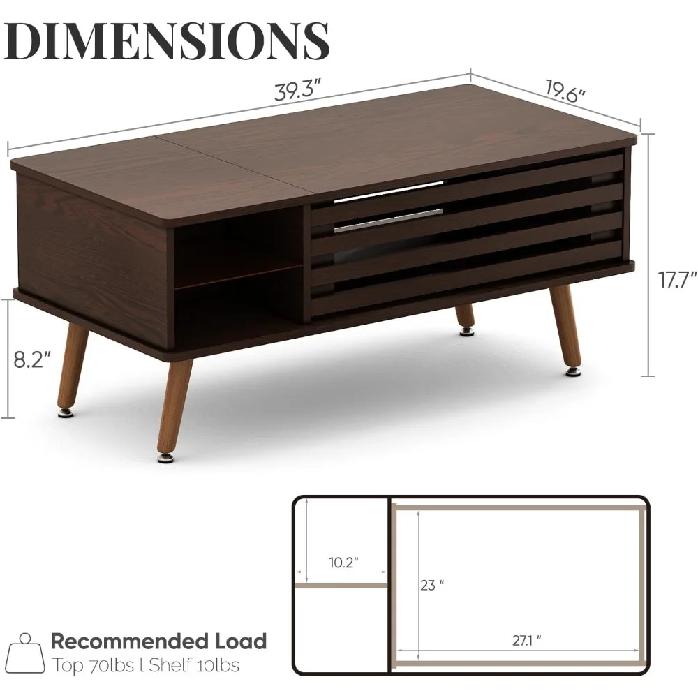 Mid Century Modern Lift Top Coffee Table with Storage, Wooden Tabletop Dining Table