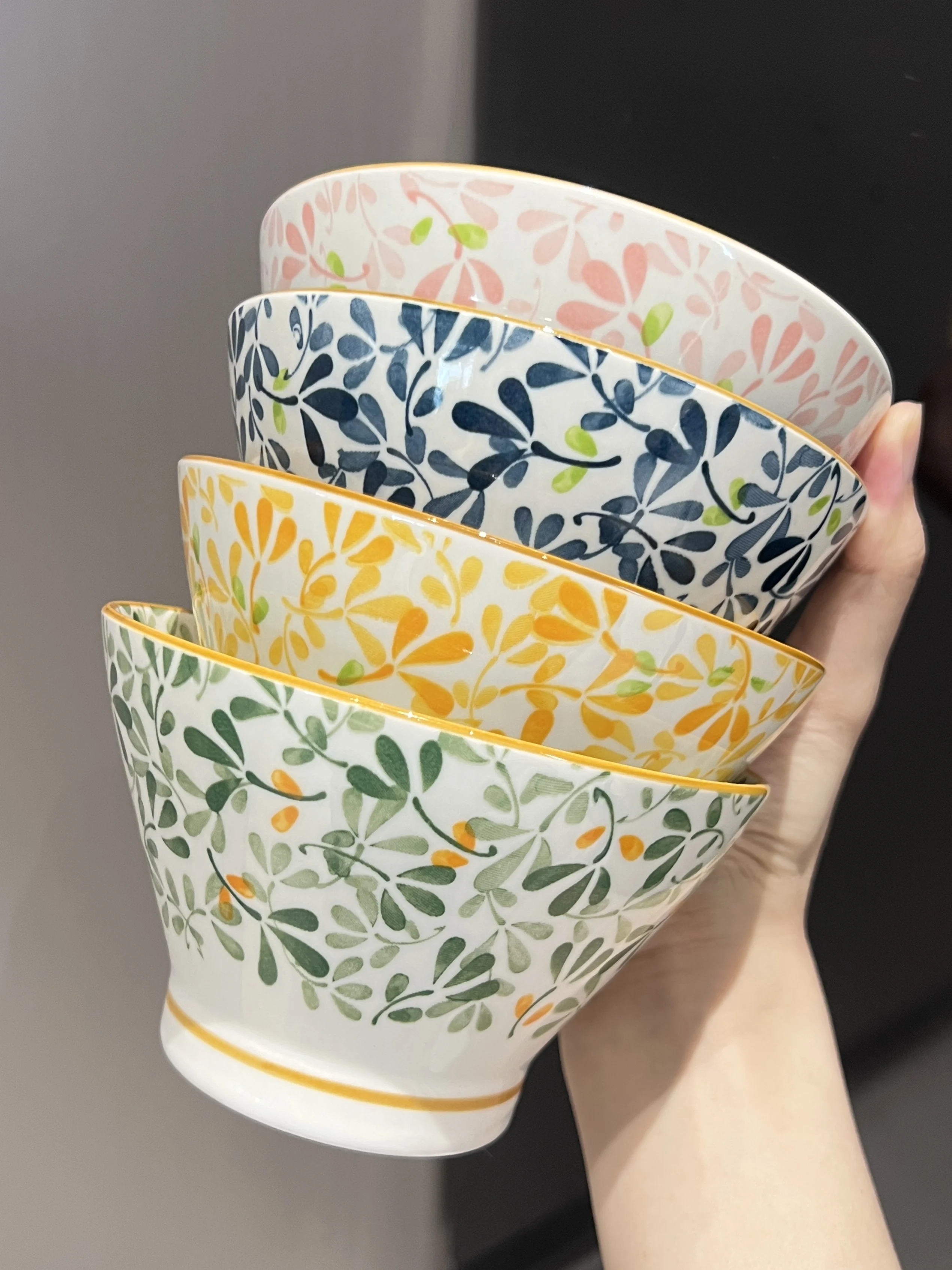 Ceramic Hat-shaped Bowl Spoon Set,Four Seasons Floral Pattern,Oven Microwave Safe, Noodles Salad Soup Dessert Hot Pot Picnic BBQ