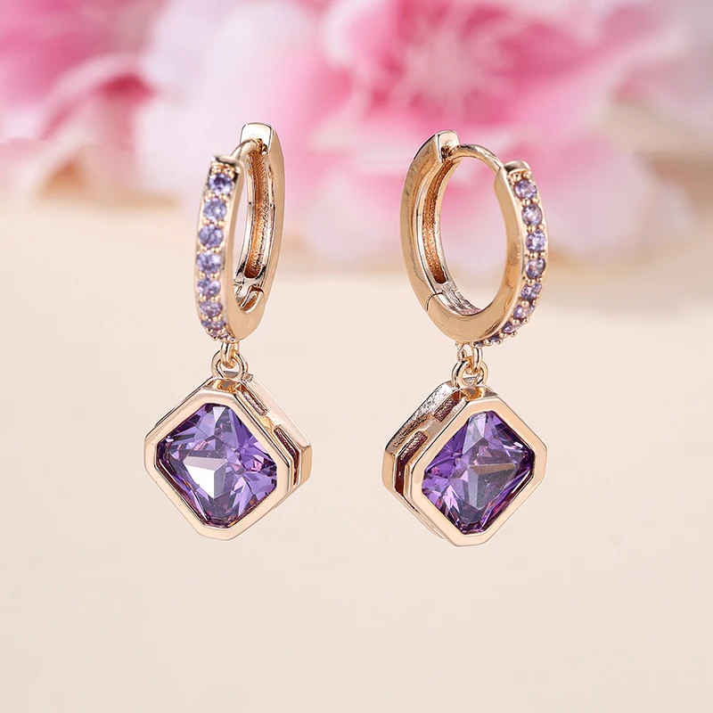 Fashion Drop Earring For Women Purple Cubic Zircon Female Earrings New Trendy Lady\'s Ear Accessories Wedding Party Jewelry Gift