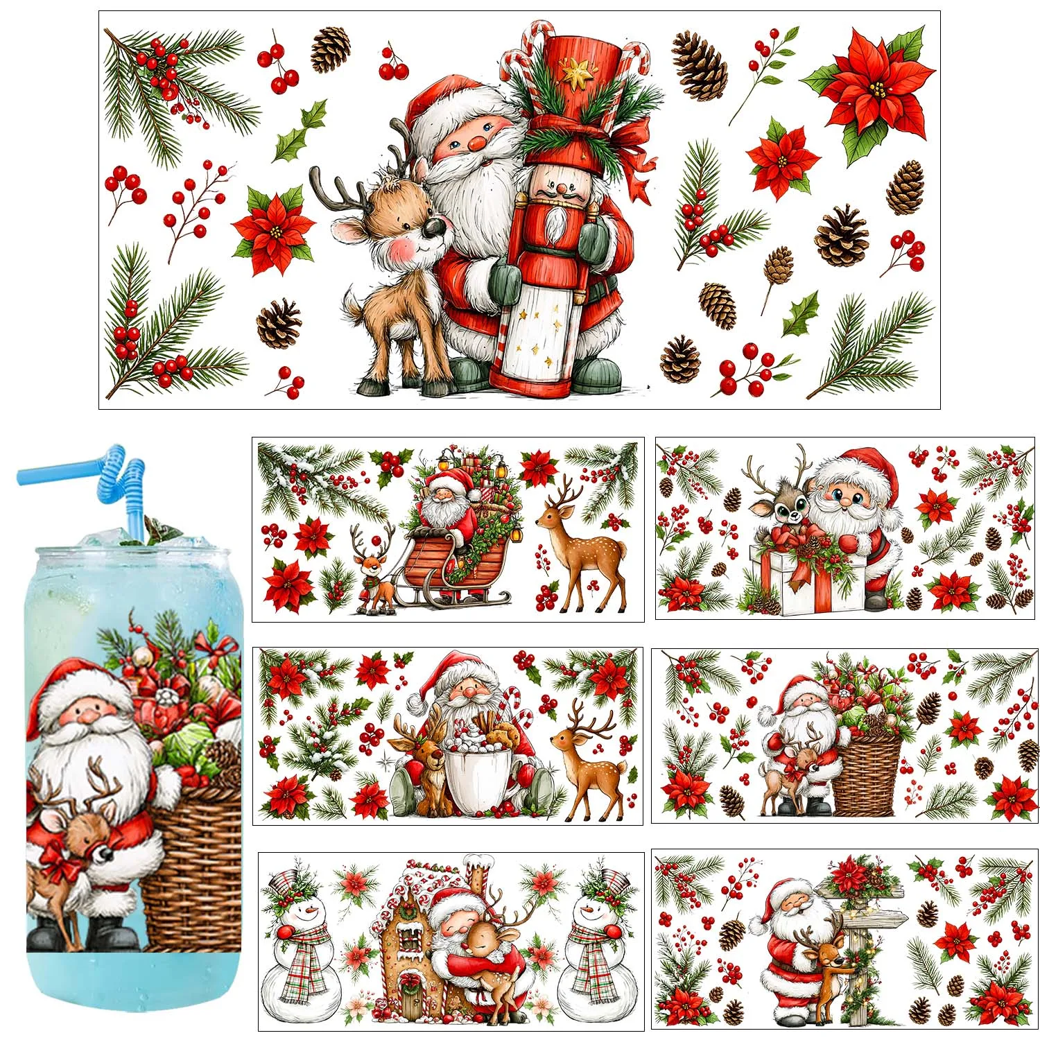Merry Christmas Santa Claus 16oz UV DTF Transfer Sticker Waterproof DIY Decals 3D Transfers UVDTF Sticker 16oz UV DTF Cup Wraps