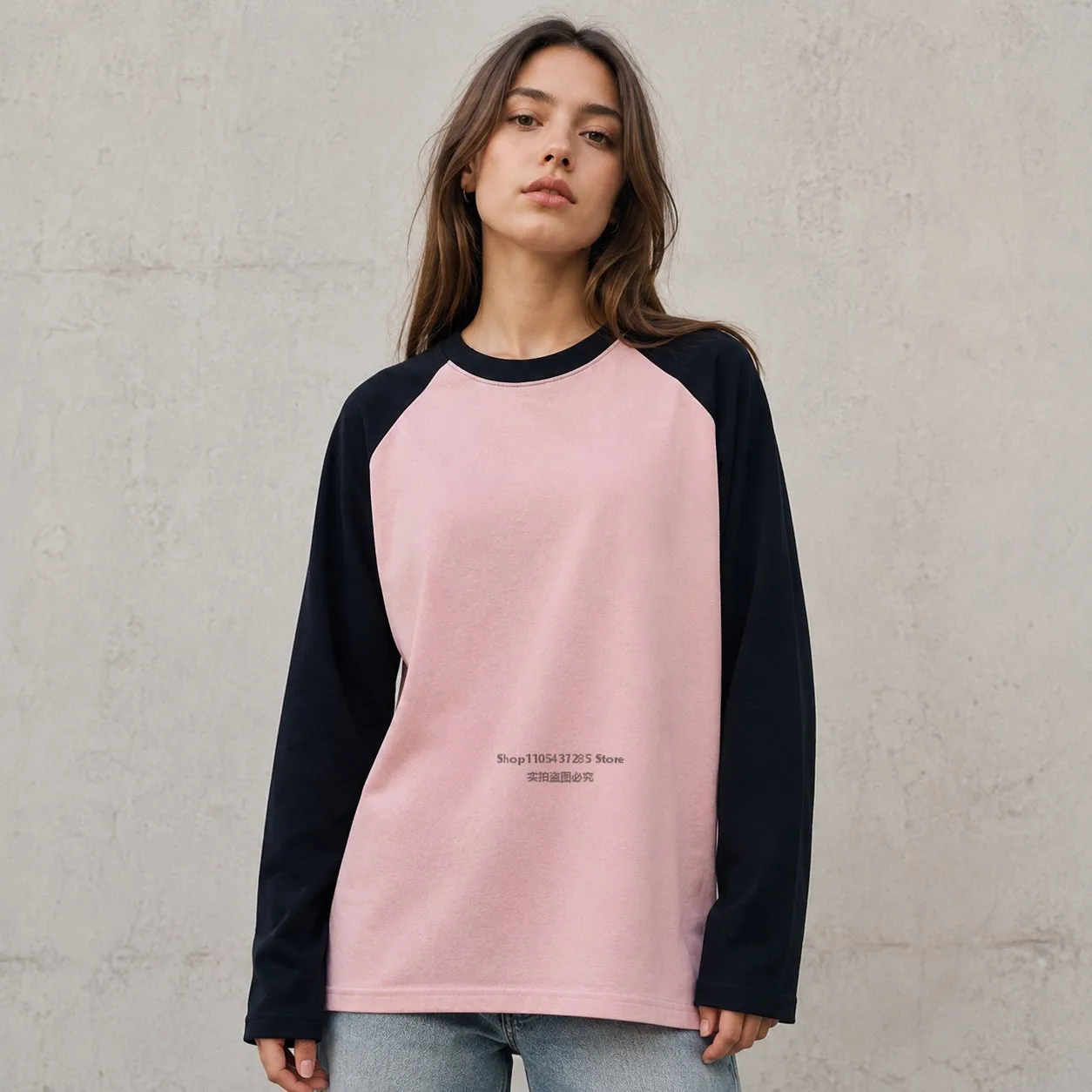 220G Baumwolle Damen Langarm T-Shirt Raglan Farbblock Rundhals Locker Sitzend Baseball-Tee Lässige Alltags-Streetwear Herbst-Oberteil – Detail 2