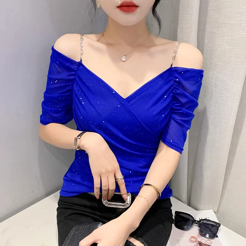 Streetwear Chic Pleated Mesh Stitching Short-Sleeved Women\'s T-Shirt 2023 Summer New Sexy Off-The-Shoulder V-Neck Girl Tees Top