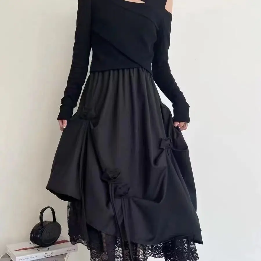 Spódnica midi z wysokim stanem, z siateczką łączącą się w węzełki, długość do połowy łydki, damska spódnica w kształcie litery A na wiosnę i jesień, włókno poliestrowe.