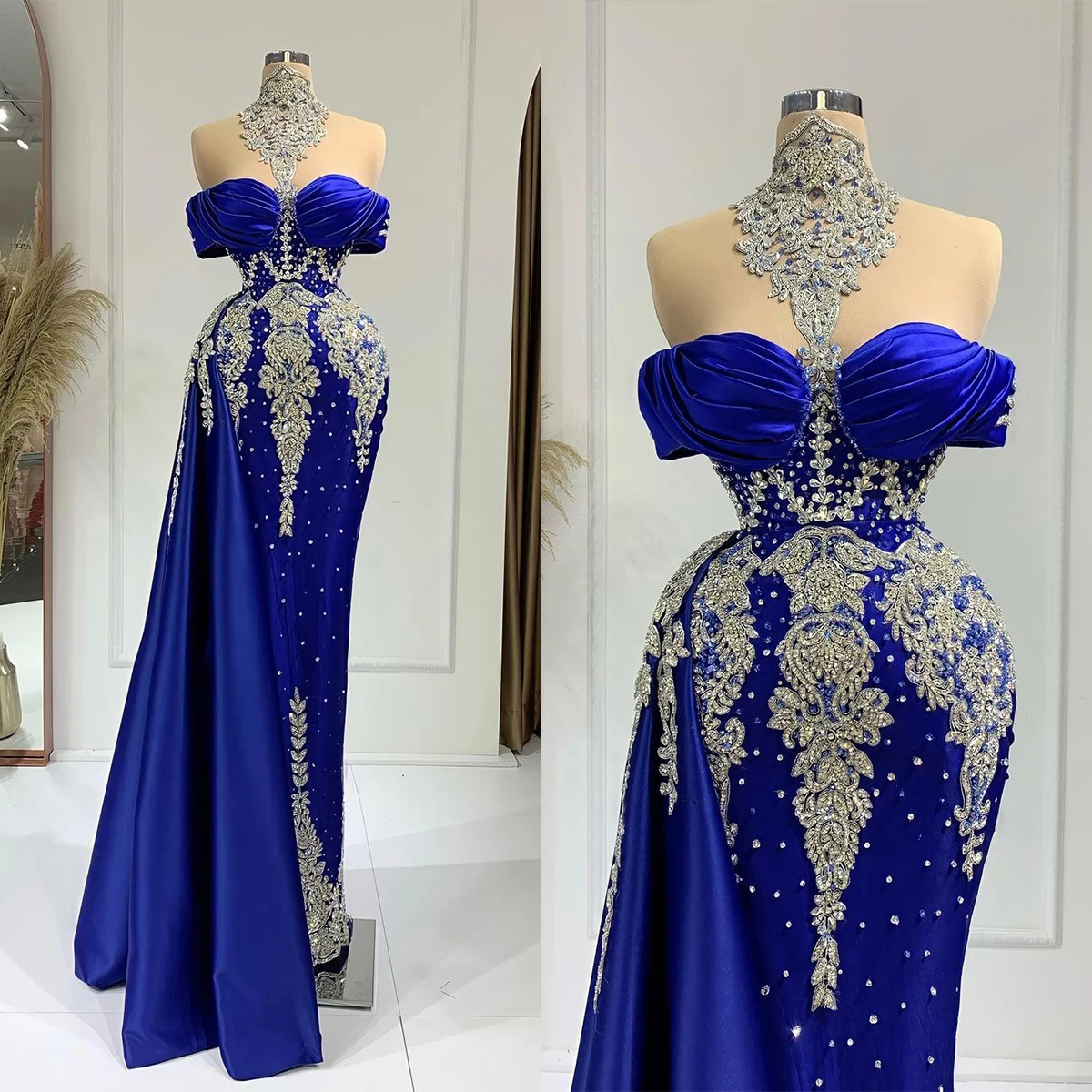 

Royal Blue Mermaid Evening Dress Crystal Beads High Neck Off Shoulder Prom Dresses Beading Custom Made Robe De Soiree