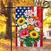 Vibrant American Flag Garden Flag, 12x18 Inch Outdoor Patriotic Decor with Colorful Sunflowers Lilies Hibiscus Blooms, Front jjp