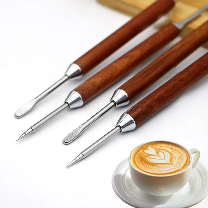 Latte Pull Flower Needle Coffee Art Wooden Handle Stainless Steel Pen Cappuccino Espresso Art Needles Barista Coffee Accessories