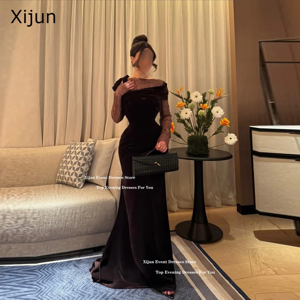 Xijun Luxury Velvet Mermaid Evening Dresses Lace Full Sleeves Dubai Prom Dresses Pleated Formal Occasion Women Prom Gowns Custo