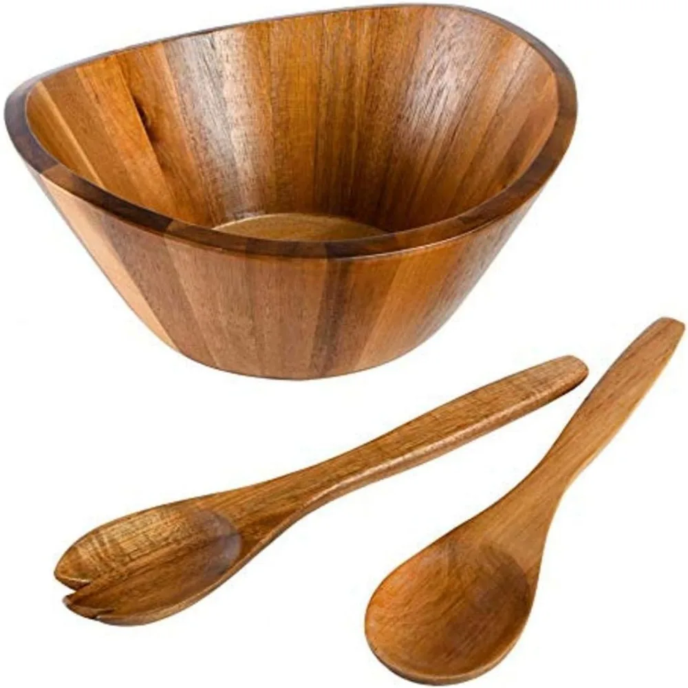 

3-Piece Acacia Wood Salad Bowl Set, 32 Quart Large Serving Bowls, Natural Finish, Durable & Eco-Friendly