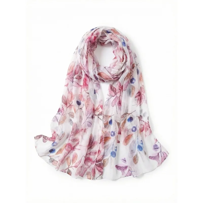 Pañuelo ligero de gasa de seda de morera 100% grande para mujer, chal oblongo, pañuelo para el cuello, pareo de playa, pañuelo para la cabeza, paquete de regalo, Hoja Rosa
