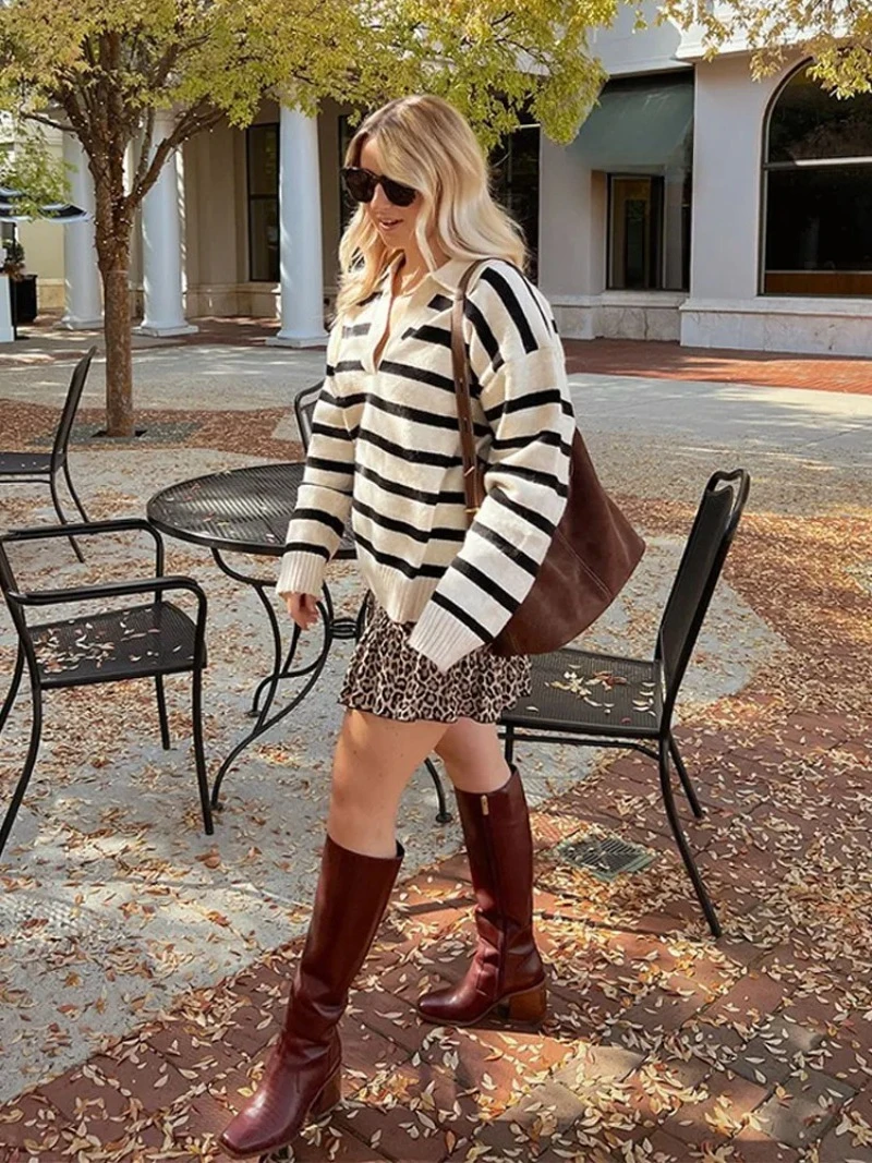 Casual Revers Frauen Streifen Gestrickte Pullover Pullover 2025, Herbst Mode Volle Hülse Lose Jumper Vintage Dame Pendeln Knittops