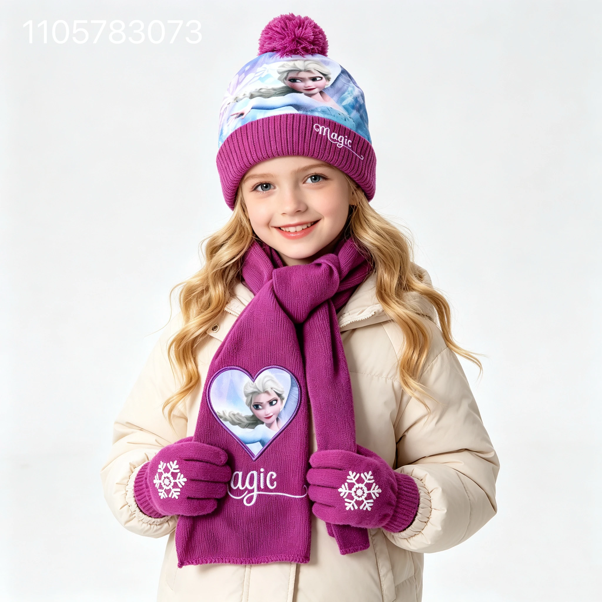 New Elsa Girls Autumn Knitted Pompon Beanie Hat Scarf Gloves Set Pretty Cartoon Kids Cap Outdoor Accessories Birthday Gift