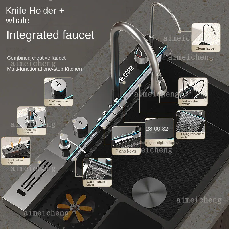 Stainless Steel Waterfall Kitchen Sink With Knife Holder Embossed Extra Large Single Slot Digital Display Faucet Set