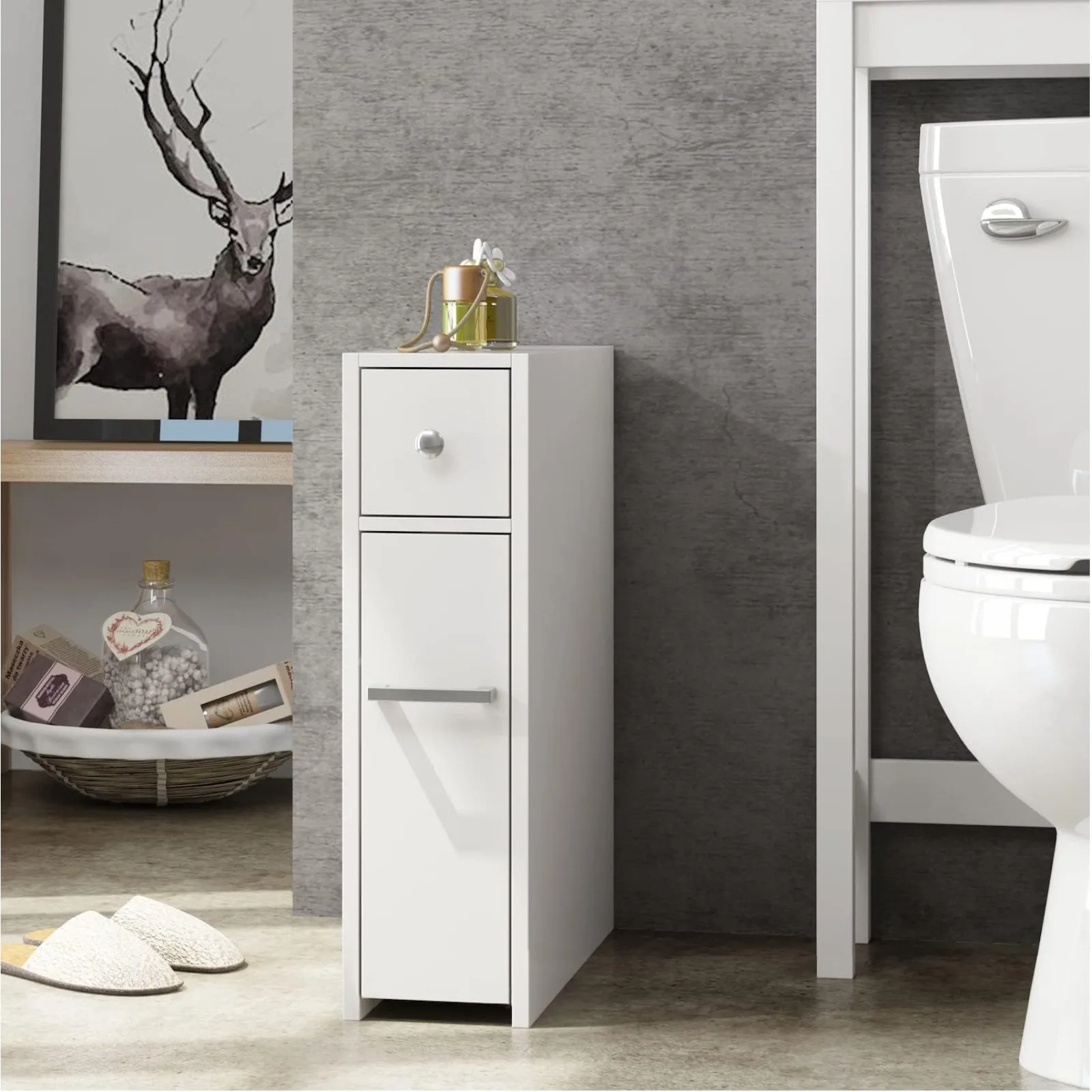 Home Slim Bathroom Storage Cabinet, Free Standing Toilet Paper Holder, Bathroom Cabinet Slide Out Drawer Storage, White