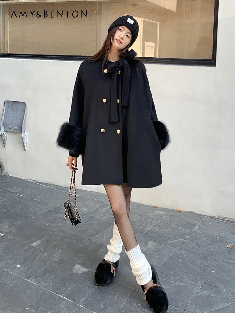 Hepburn Style Black Short Coat Women Winter New Sweet Bow French Elegant Loose Slim Wool Coat Socialite Princess Coats Female