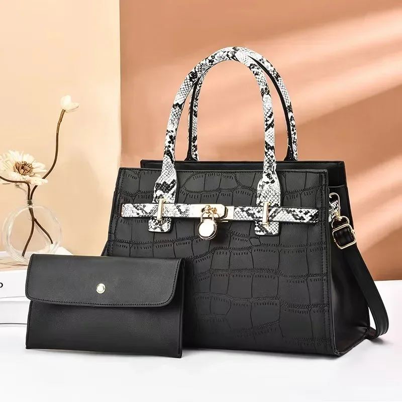 New 2-piece Set Handbag and Purse, Snake Pattern Fashionable Tote One Shoulder Satchel Bags for Women