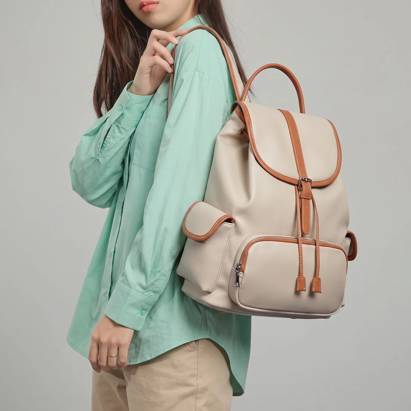 New Women Bucket Backpack with Drawstring Flap Design Synthetic Leather Simple Casual Commute Travel University Daily School Bag