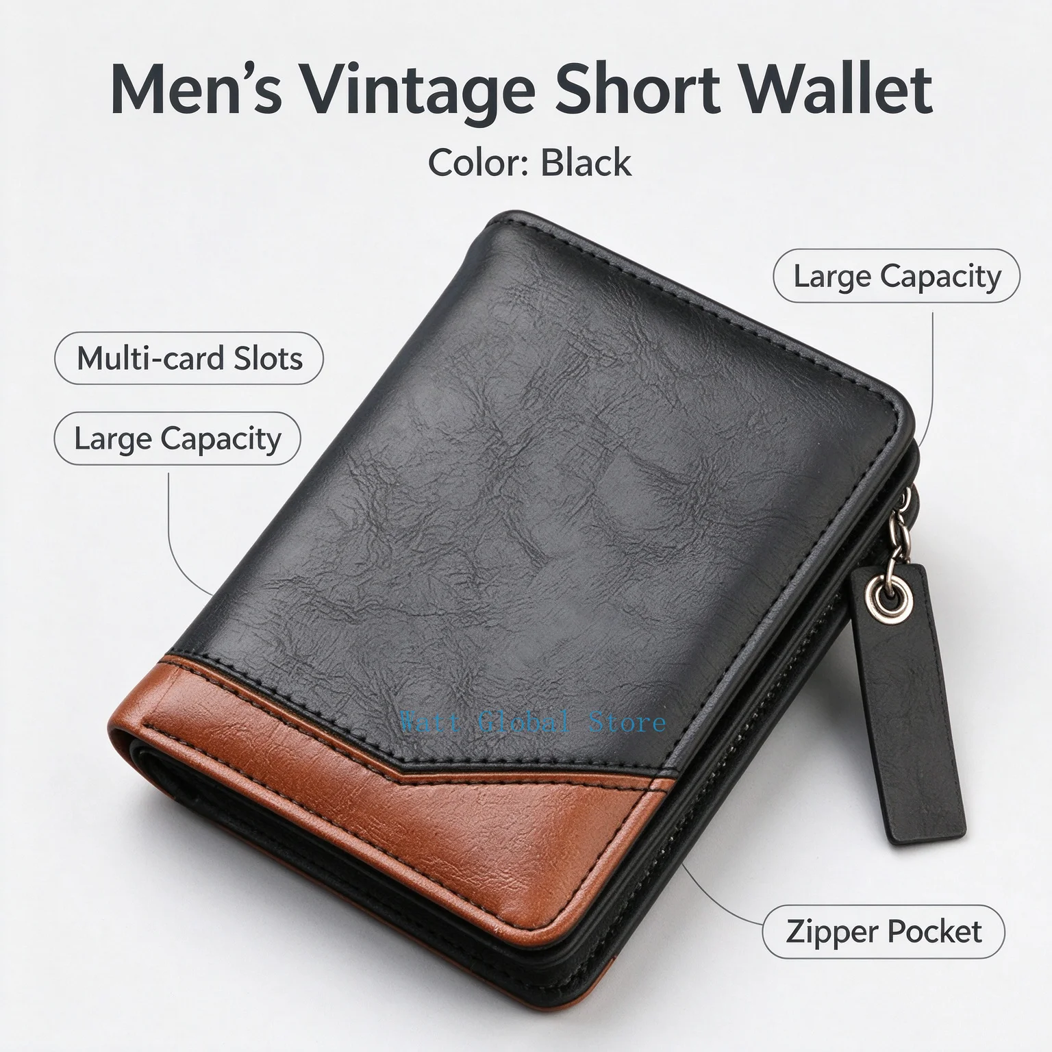 Men's Vintage Short Wallet PU 11 Card Slots Photo Holder Large Banknote Pocket Zipper Coin Purse Casual Large Capacity Wallet