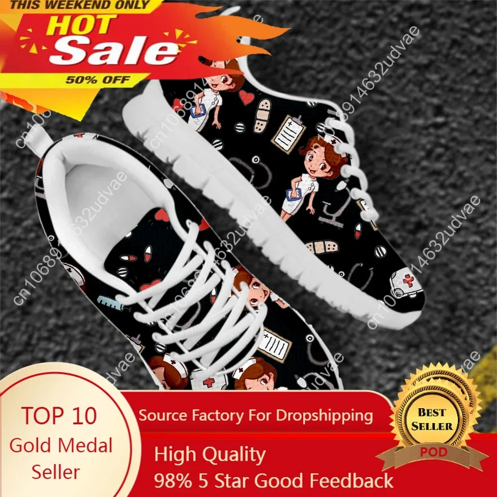 

Black Hospital Nurse Design Women Flats Casual Lace Up Sneaker Women's Nursing Shoes Brand Sneaker Light Dropship