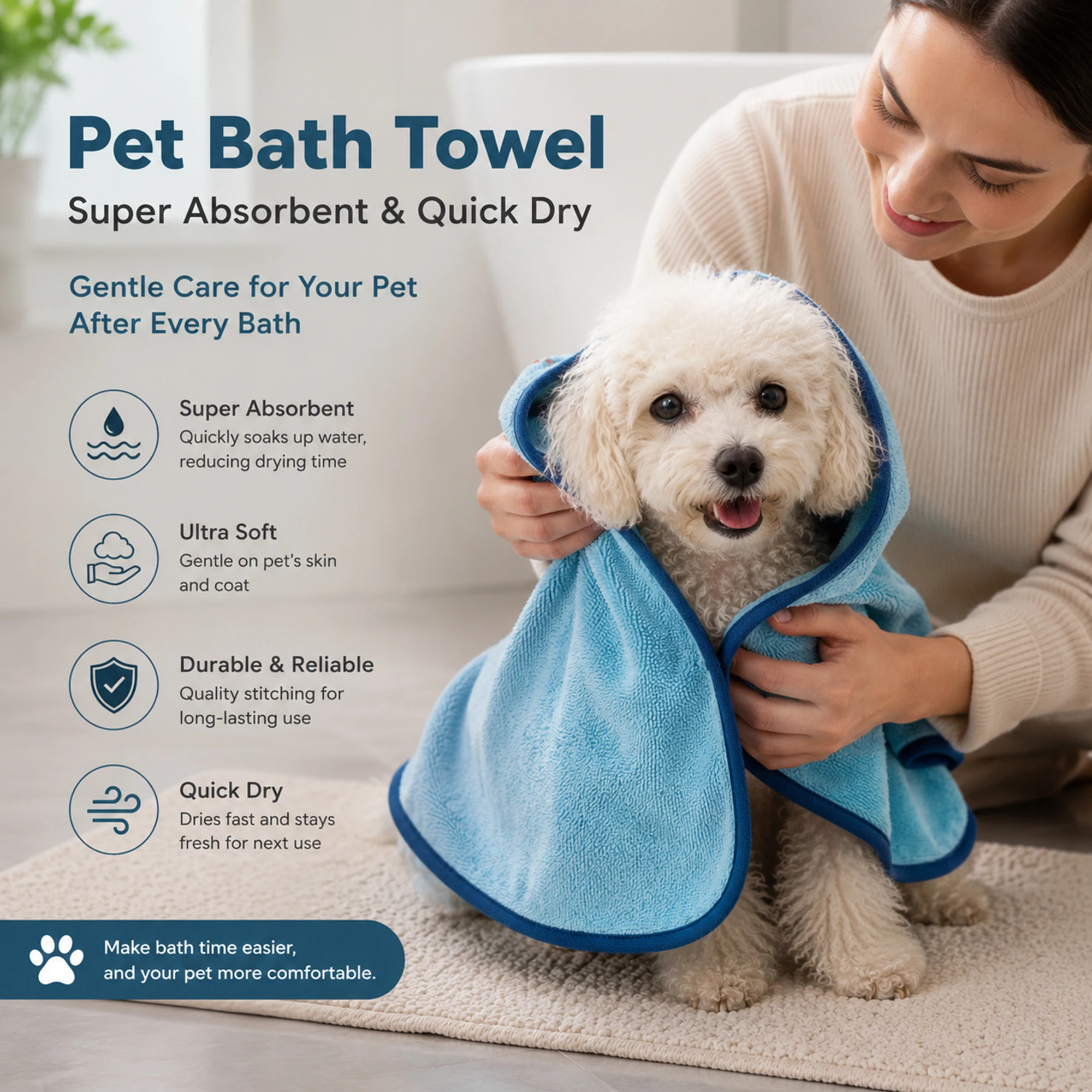 Pet Hooded Bath Towel Super Absorbent Quick Dry Dog Cat Drying Robe Soft Terry Wrap Portable Puppy Kitten Bathrobe After Shower