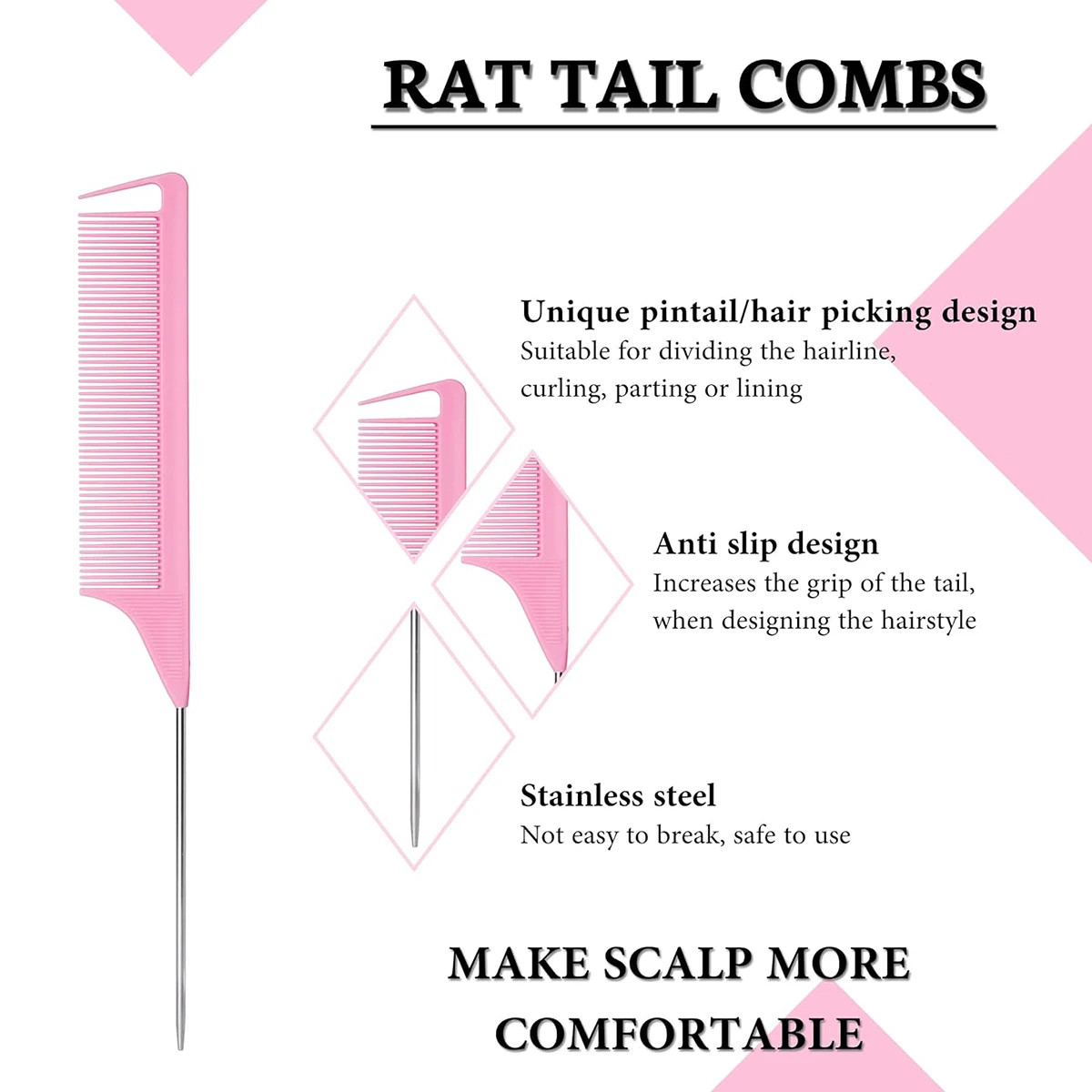 مجموعة أدوات تصفيف الشعر مكونة من 6 قطع، قطعتان من أمشاط ذيل من ألياف الكربون المتينة، 4 قطع من مشابك منقار البط المعدنية خاصة للشعر المستعار الحقيقي