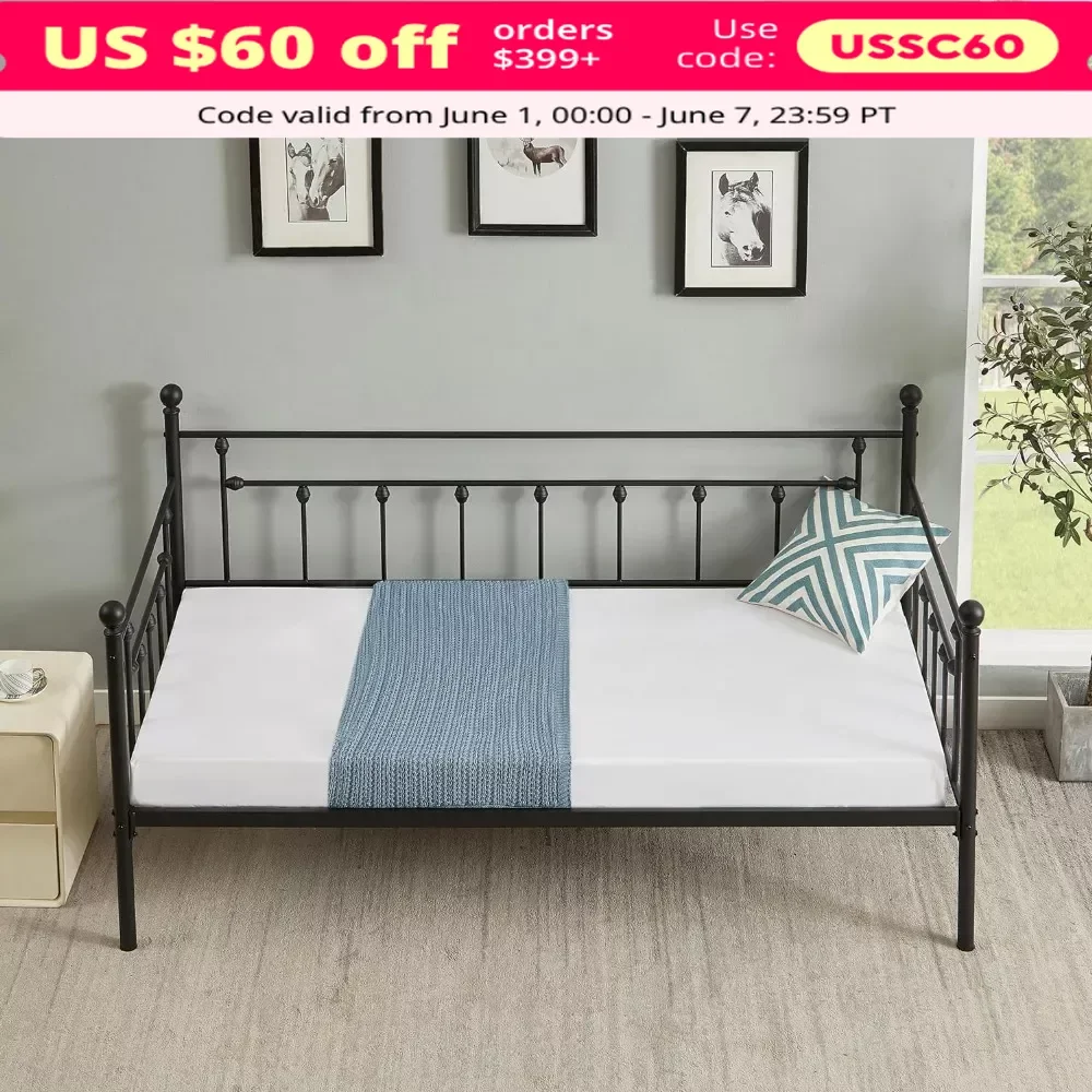 

Twin Size Daybed Frame Metal Steel Slat Support with Headboard Sofa Bed Platform, Easy Assembly, Black Daybed